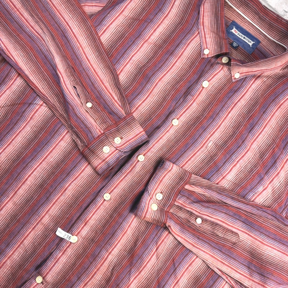 32 Bar Blues Shirt Mens 3XL Red Striped Linen Long Sleeve Button Down EUC